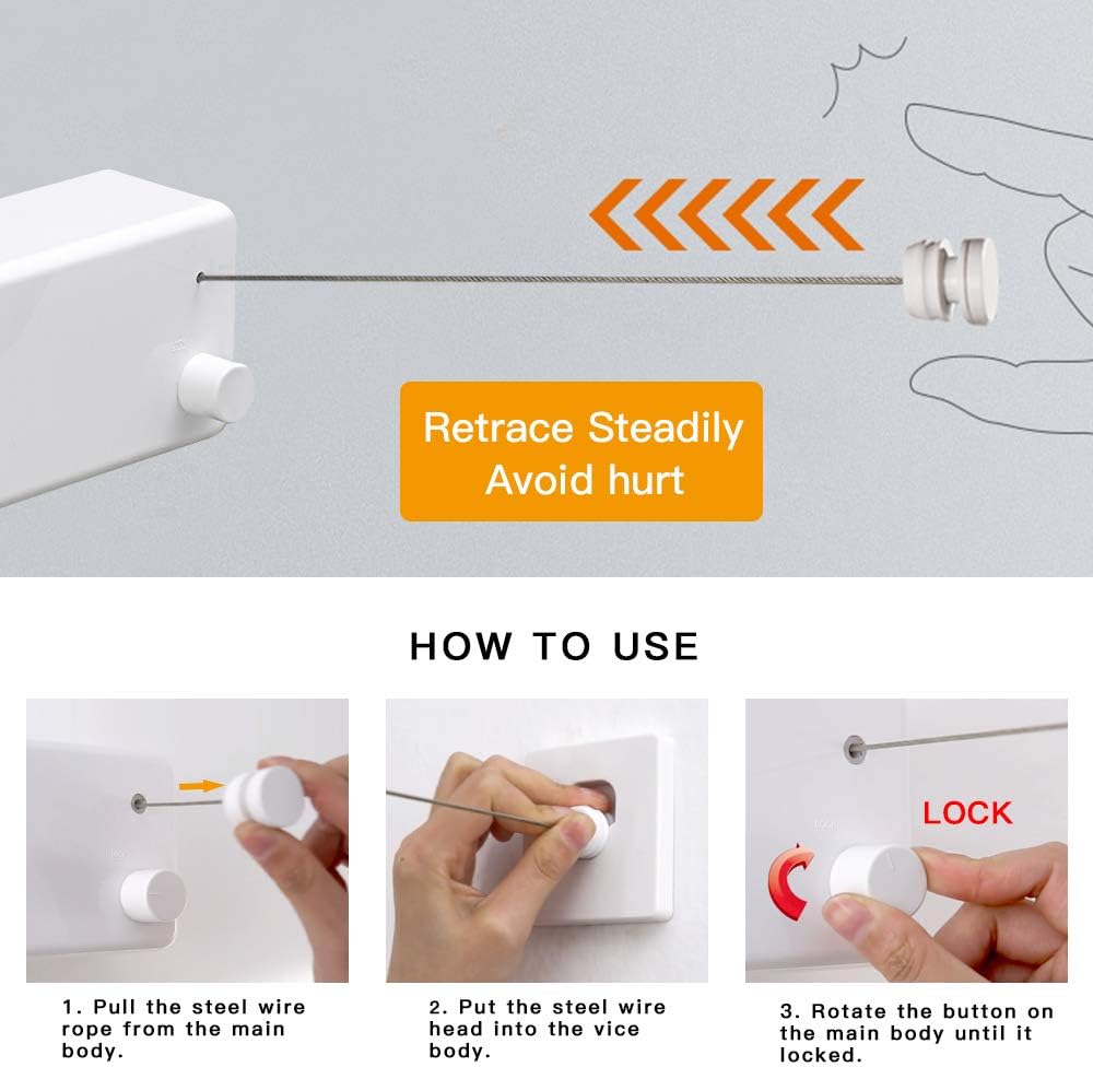 Happywayfar Retractable Clothesline ABS case+Aluminum Dryer with Adjustable Stainless Steel Double Rope String Hotel Style Heavy Duty,Wall Mounted Method, 13.8 Feets