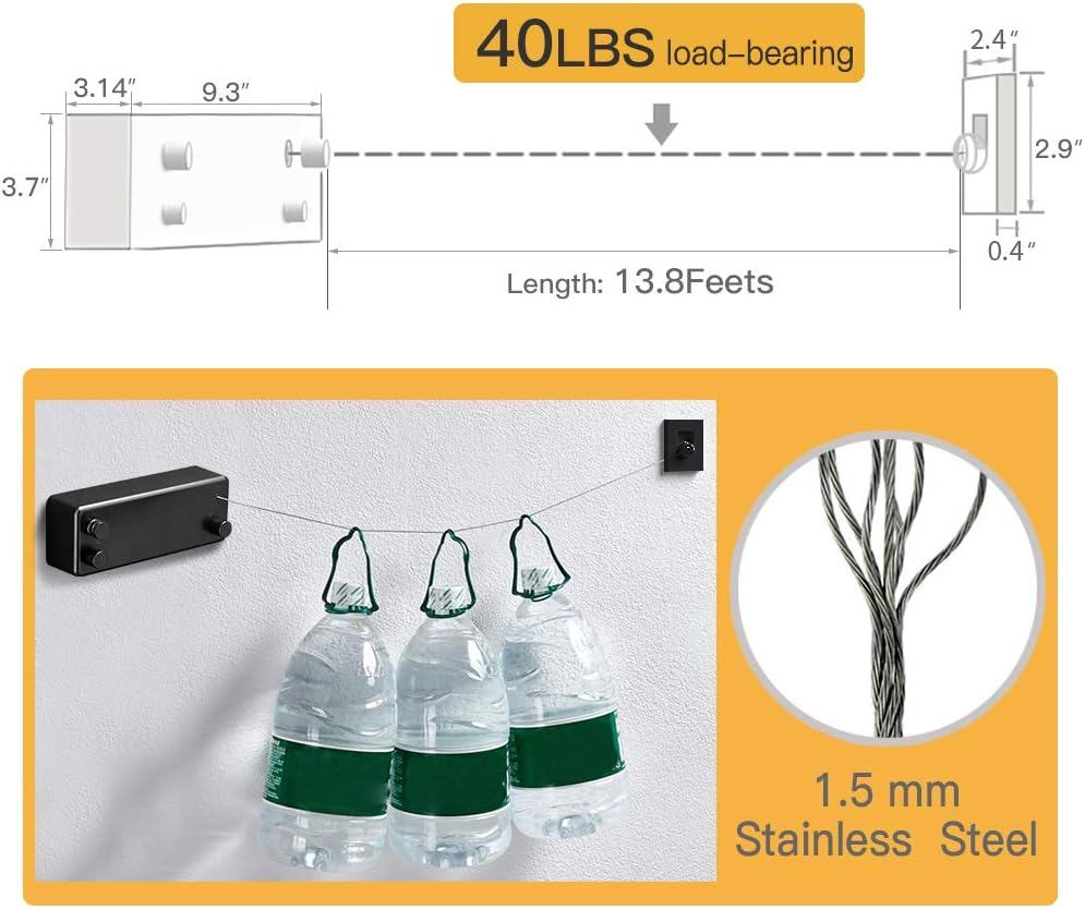 Happywayfar Retractable Clothesline ABS case+Aluminum Dryer with Adjustable Stainless Steel Double Rope String Hotel Style Heavy Duty,Wall Mounted Method, 13.8 Feets