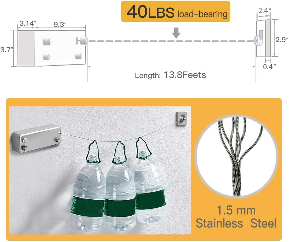 Happywayfar Retractable Clothesline ABS case+Aluminum Dryer with Adjustable Stainless Steel Double Rope String Hotel Style Heavy Duty,Wall Mounted Method, 13.8 Feets