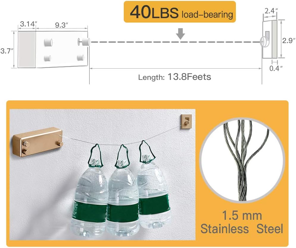 Happywayfar Retractable Clothesline ABS case+Aluminum Dryer with Adjustable Stainless Steel Double Rope String Hotel Style Heavy Duty,Wall Mounted Method, 13.8 Feets